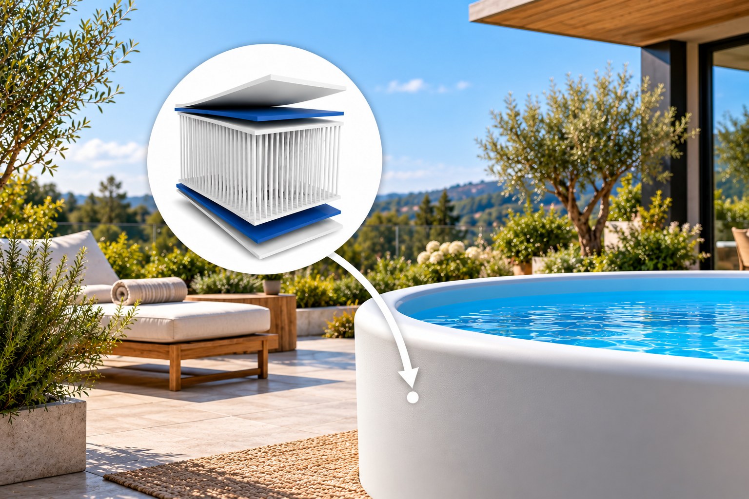 Drop-Stitch-Pool im Garten mit schematischer Darstellung der Drop-Stitch-Wandtechnologie
